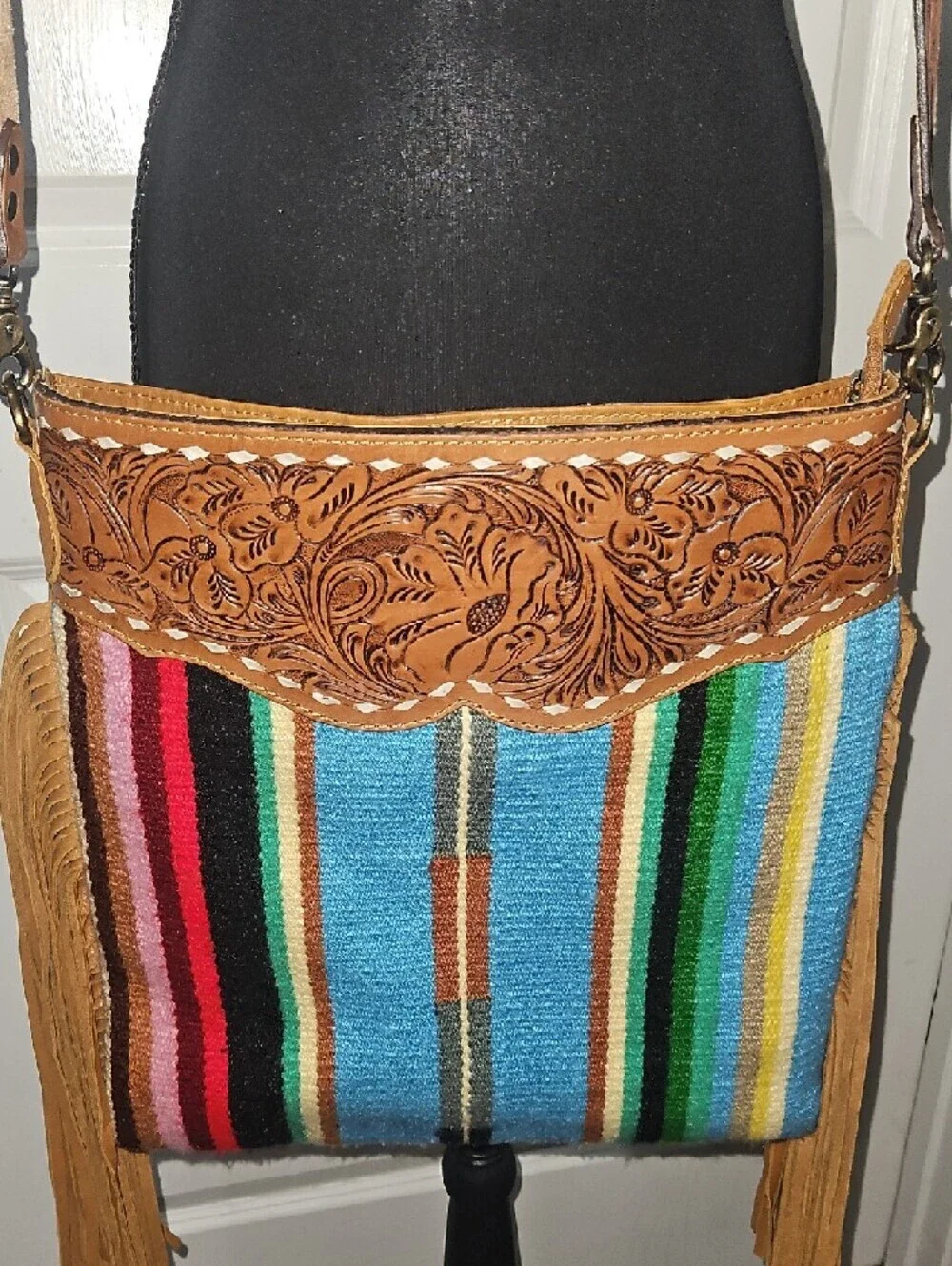 American Darling Tooled Leather Serape Fringe Crossbody Bag Western Boho